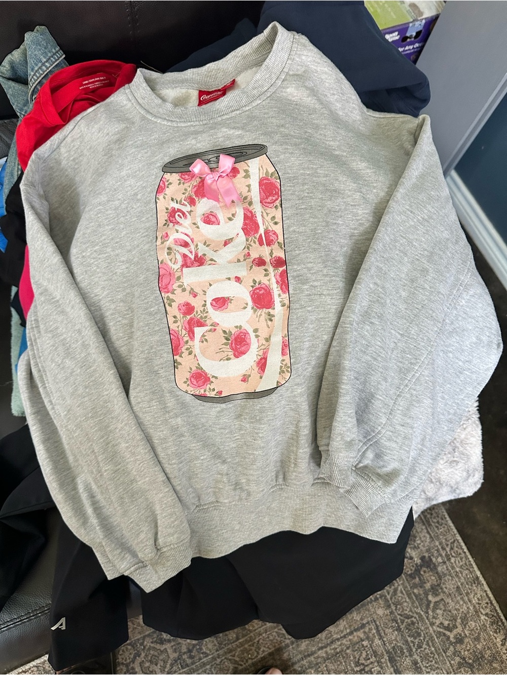 Coca-Cola Junior's Diet Coke Floral Graphic Crewneck Sweatshirt 3D Bow Detail